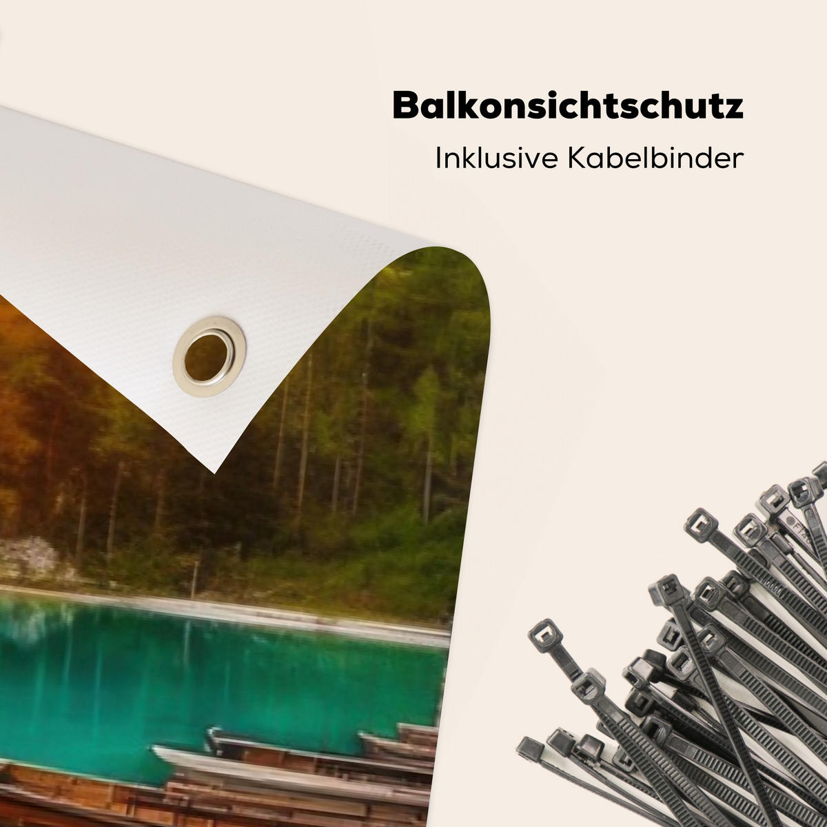 BALKON-SICHTSCHUTZ See - Berge - Sonnenuntergang - Boot - Petrol, Kunststoff (300/110cm) - MuchoWow
