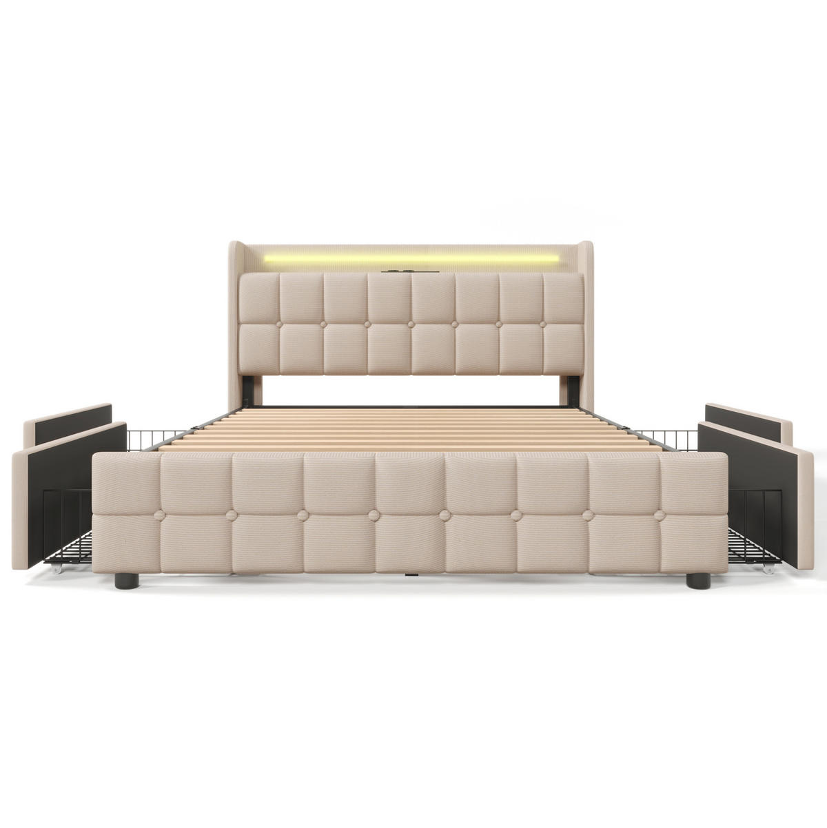 POLSTERBETT 160/200 cm mit LED-Beleuchtung, USB, 4 Schubladen und Matratze - Beige, Holz (160/200cm) - BEAOK