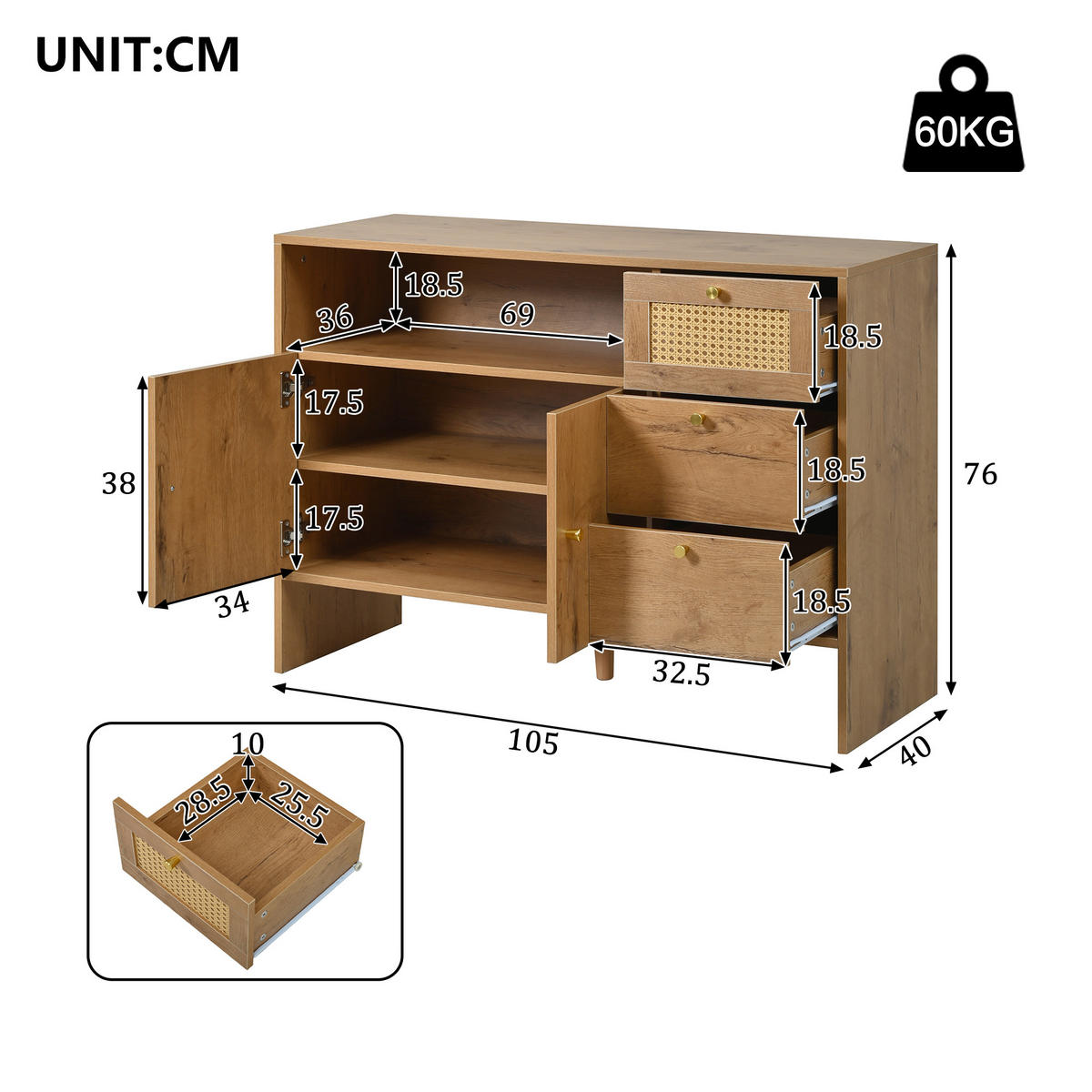SIDEBOARD holzoptik & rattan mit 3 schubladen & 2 türen - Naturfarben, Holzwerkstoff (105/76/40cm) - Urban Meuble