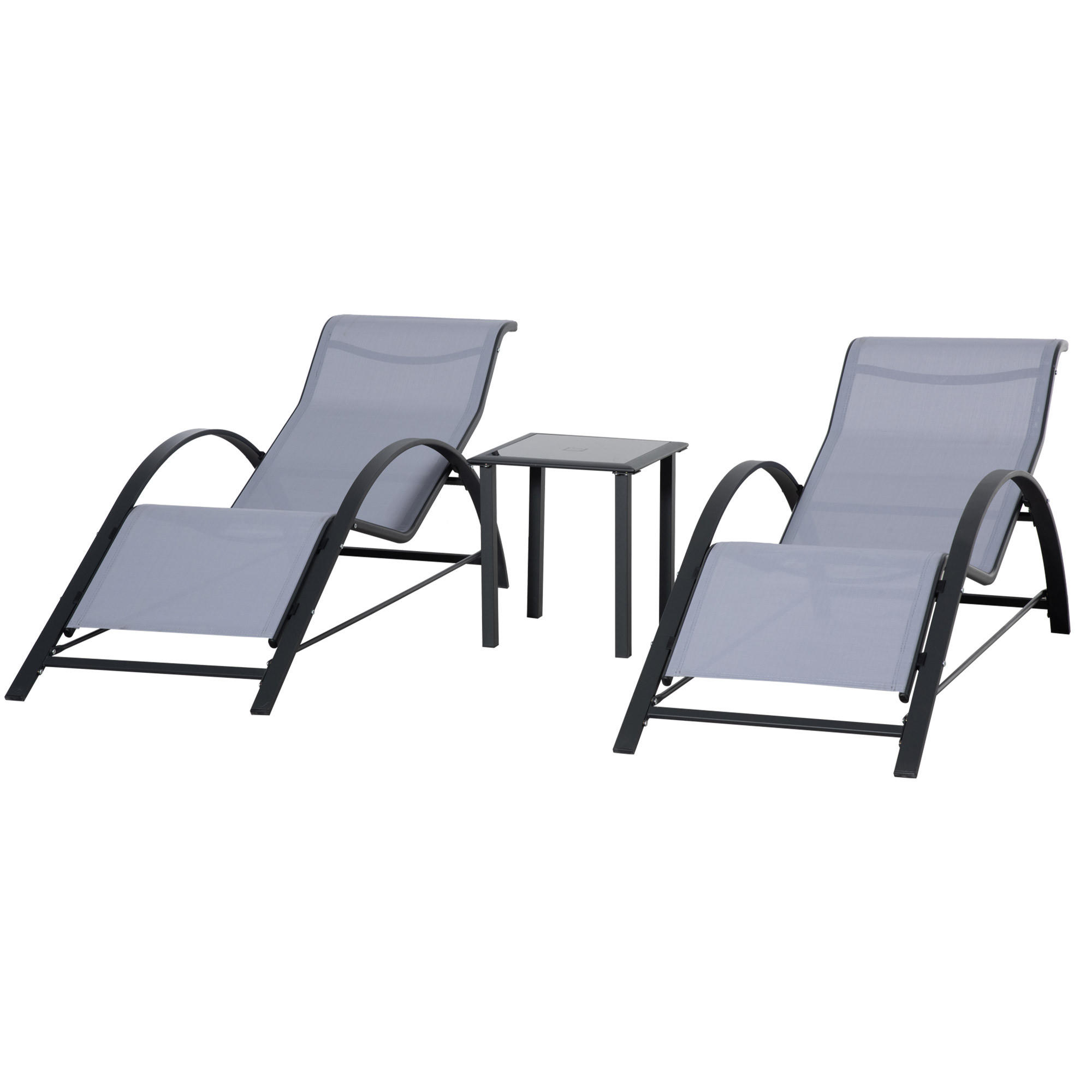 SONNENLIEGE Set 2 Garten-Sonnenliegen ,59 x 169 x 66 cm mit Glas-Couchtisch ,41 x 41 x 45 cm Grau - Hellgrau, Metall (169/66/59cm) - Vallsero