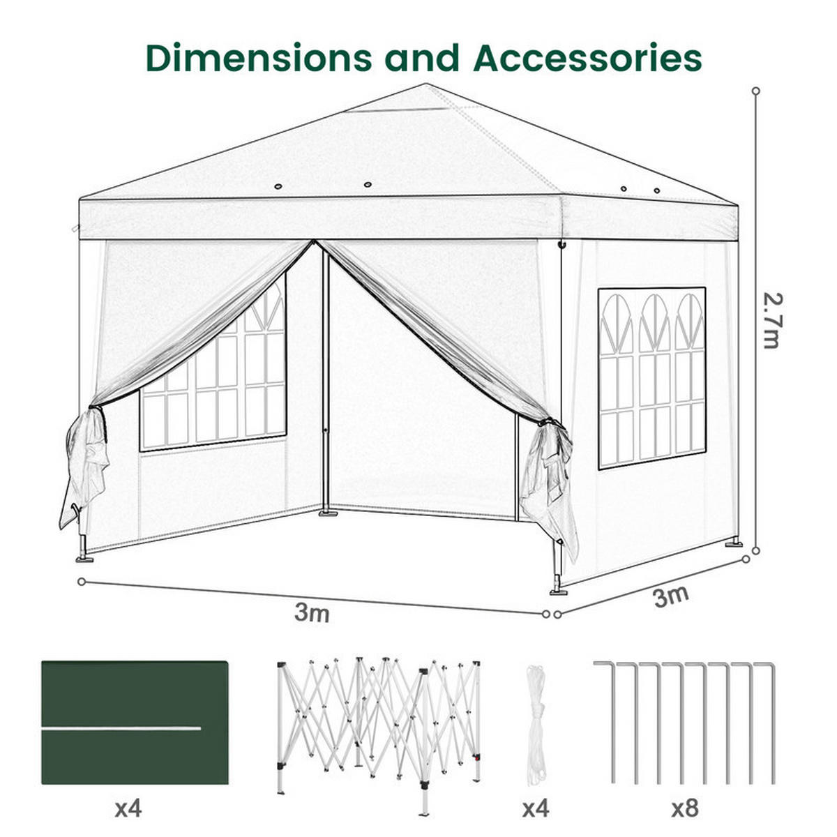 POP-UP-GARTENPAVILLON – 3×3 m, wasserdicht, höhenverstellbar, mit Seitenwänden und Fenstern - Grün, Metall (300/270/300cm) - Kaket