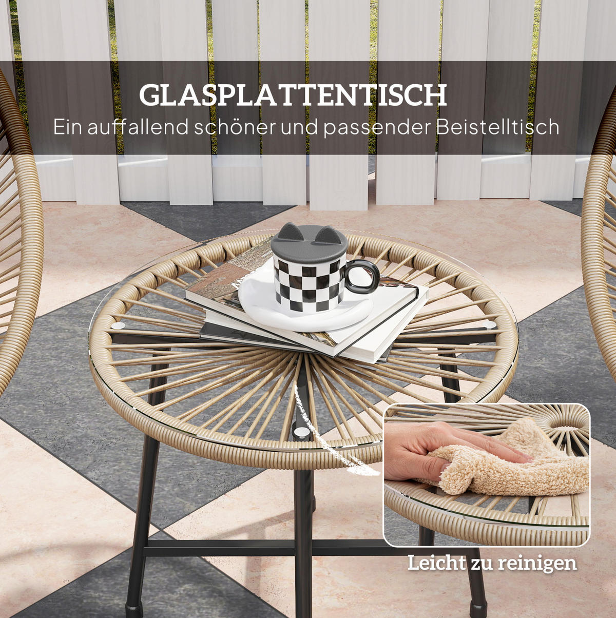 BALKONMÖBEL-SET 72/68/81 cm natur aus Rattan mit 2 Stühlen, Tisch und Glasplatte - Naturfarben, Naturmaterialen - OKWISH