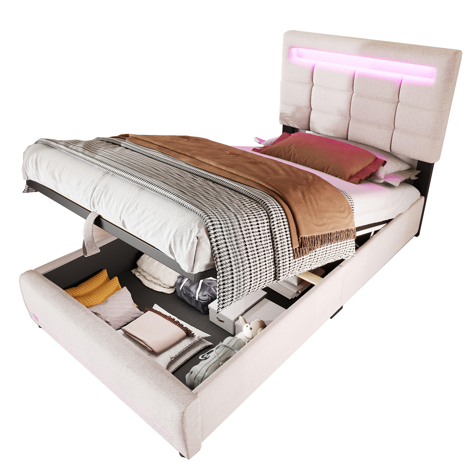 POLSTERBETT 90x200cm Beige Leinen APP-Fernbedienung LED Hydraulik USB - Beige, Holz (90/200cm) - FLIEKS