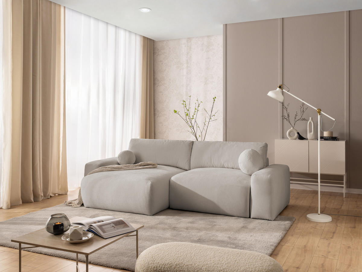 ECKSOFA Puffy mit Schlaffunktion und Bettkasten - besonders weich und puffig aus Beige Webstoff - Ottomane links - Beige/Schwarz, Holz/Kunststoff (138/266cm) - S-Style Möbel