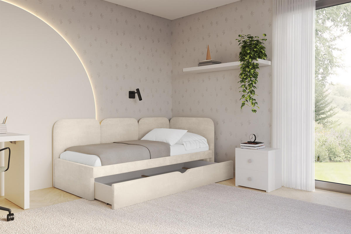 EINZELLBETT Jugendbett mit Bettkasten, Links - ALVY 100x200 Beige - Beige, Holzwerkstoff/Textil (100/200cm) - ALTDECOR