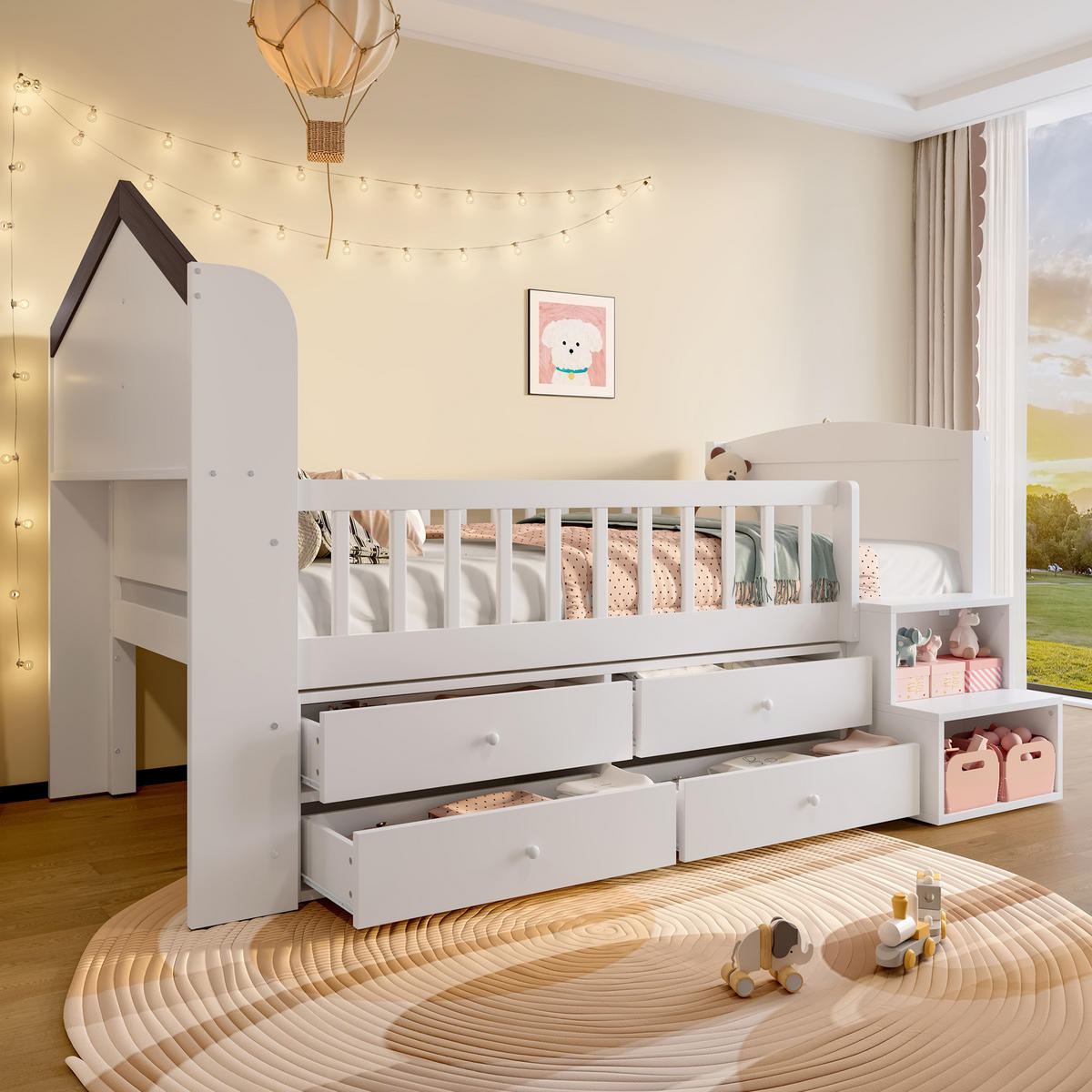 HALBHOHES BETT 90x200cm Weiß Hausform 4 Schubladen LED-Lichtleiste - Weiß, Holz (90/200cm) - FLIEKS