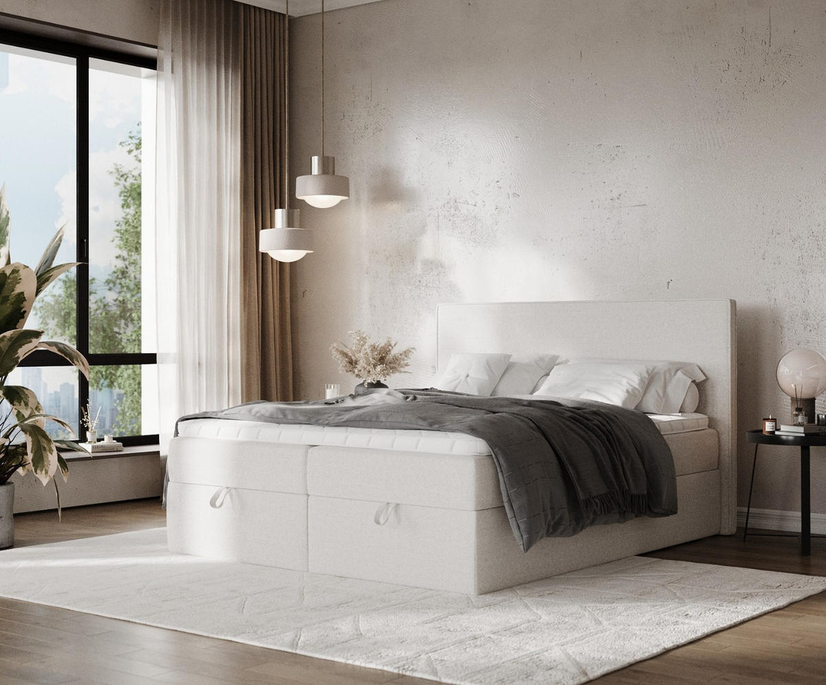 BOXBETT Velma 180/200 cm Hellbeige im Riva Stoff - Sandfarben/Schwarz, Holz/Holzwerkstoff (180/200cm) - AltaBeds