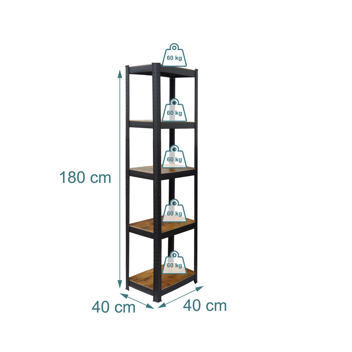 REGAL crni industrijski 5 polica 180 cm - višebojno, drvni materijal/metal (40/180/40cm) - Relaxdays