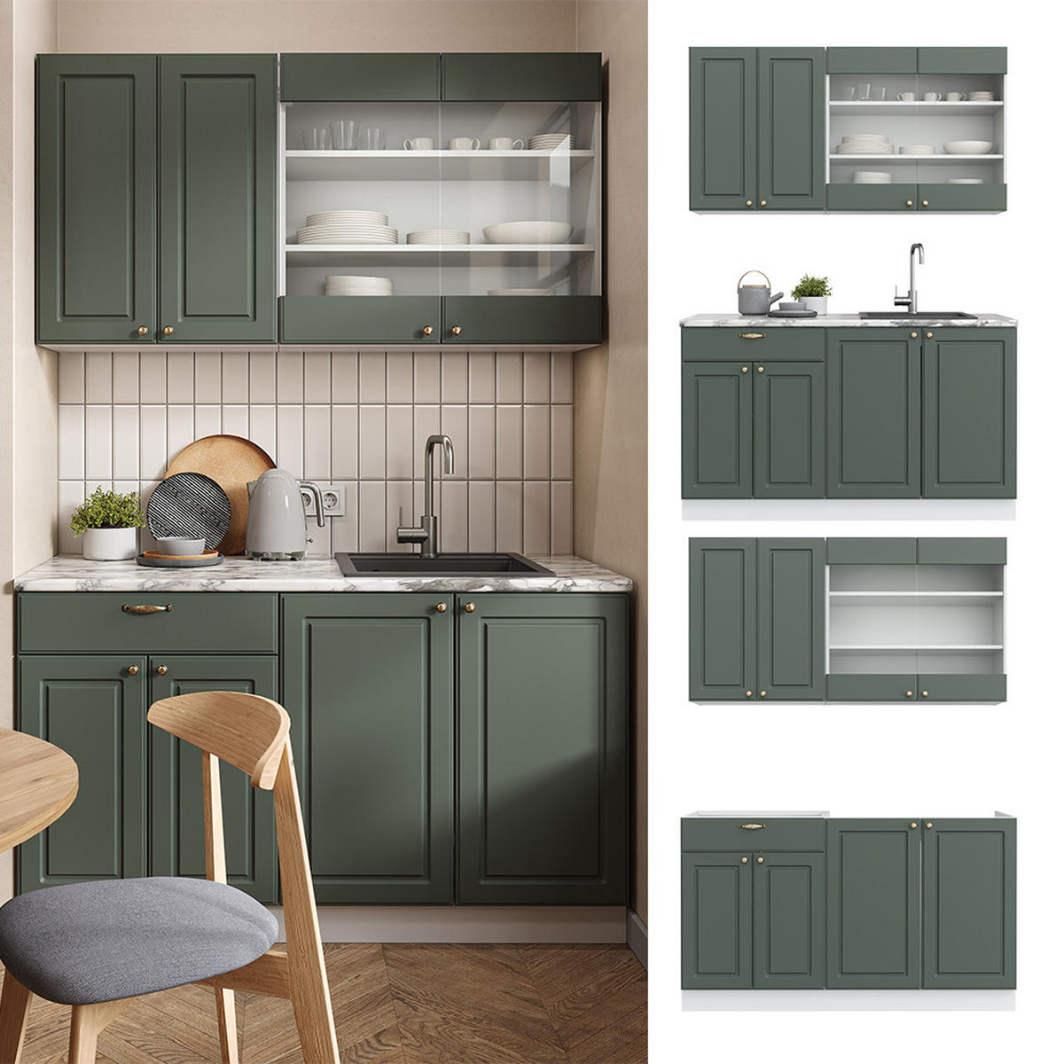 SINGLEKÜCHE Fame-Line Grün-Gold Landhaus/Weiß 140 cm, AP Anthrazit - Weiß/Grün, Holzwerkstoff (140/81.6/60cm) - Vicco