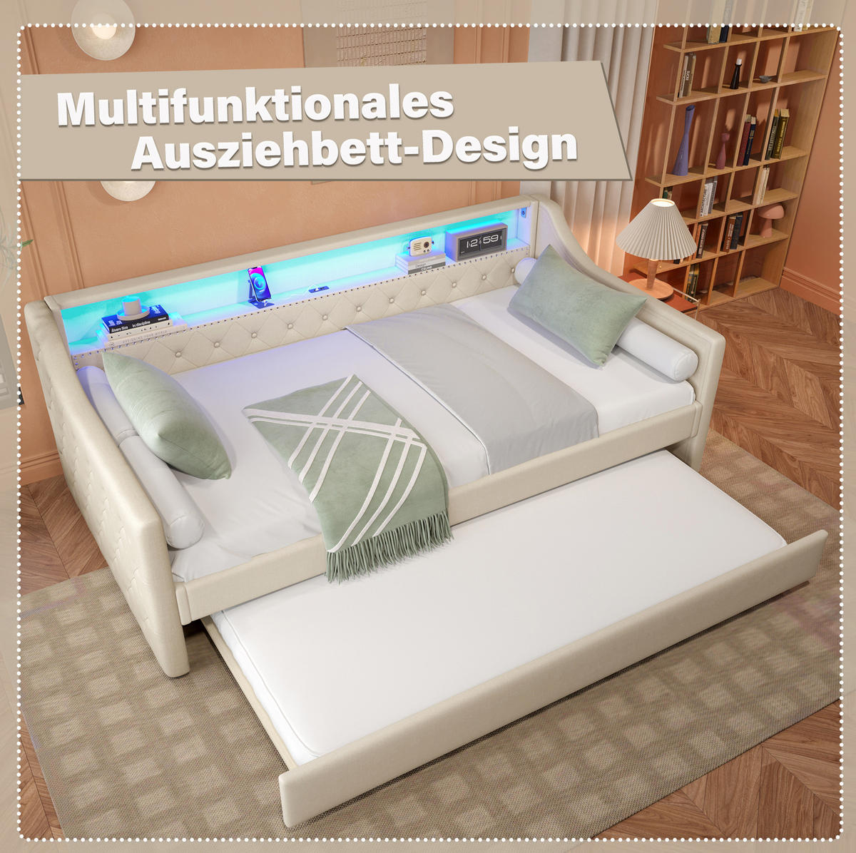 POLSTERBETT mit LED-Beleuchtung 90/200 cm mit Ausziehbett und USB in Beige - Beige, Textil (90/200cm) - BEAOK
