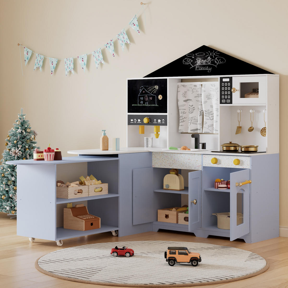 KINDERKÜCHE Weiß/Lila – Spielküche im Hausdesign mit Zubehör & Soundeffekten, Holz/Kunststoff, ab 3 Jahren 60x90x105cm - Lila, Holzwerkstoff (90/60/105cm) - Ej. Life