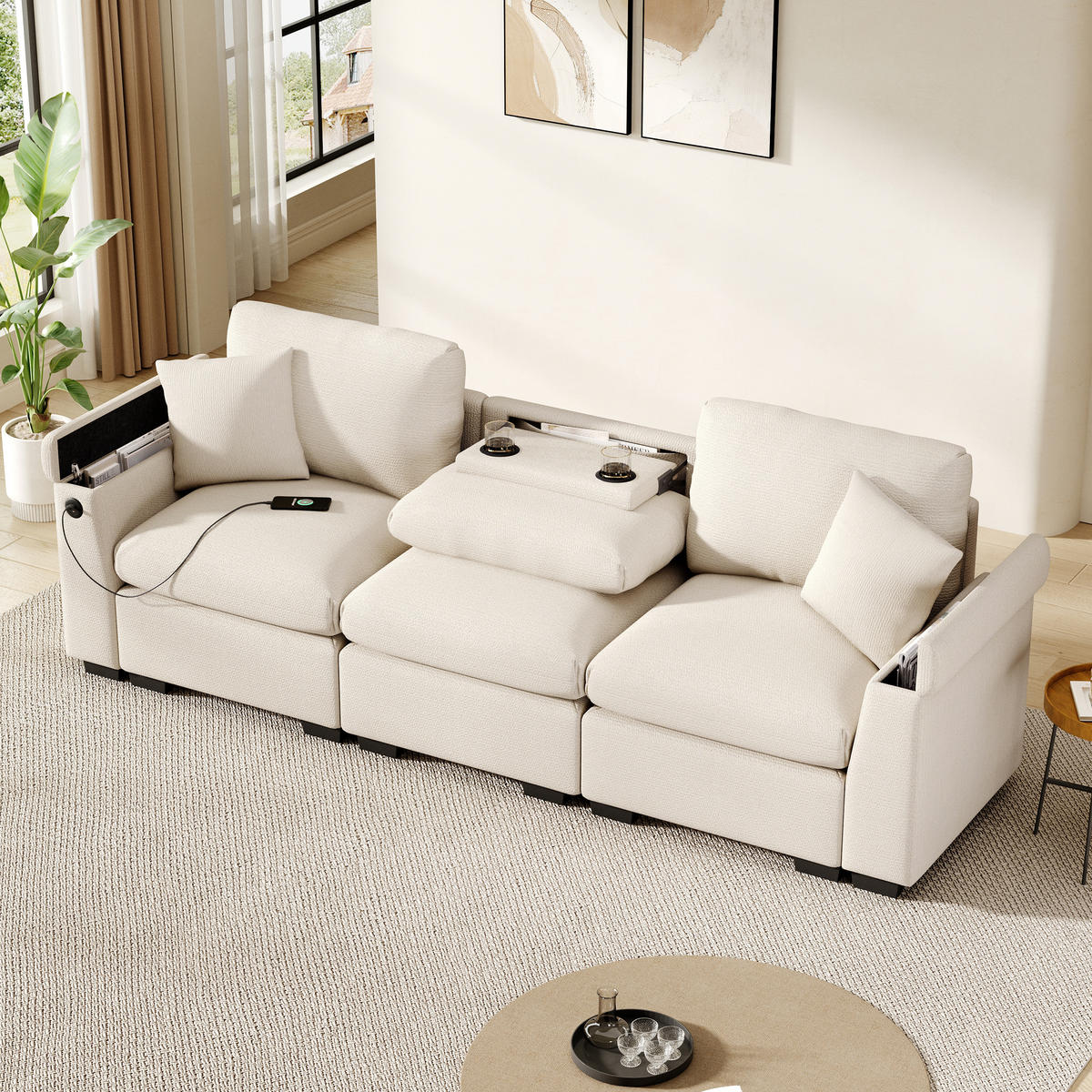 3-SITZER Sofa Chenille mit Klapptisch USB-Anschluss und Stauraum 242/80/88 cm Beige - Beige, Kunststoff/Textil (80/88/242cm) - Redom