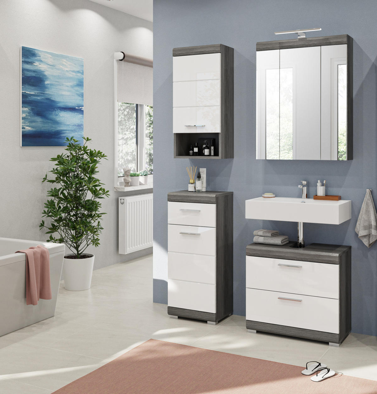 BADMÖBEL-SET weiß Hochglanz, grau 4-teilig 112 cm, Komplettset mit 14 Fächern - Weiß Hochglanz/Grau, Holzwerkstoff (112/191/34cm) - Inn.Furn