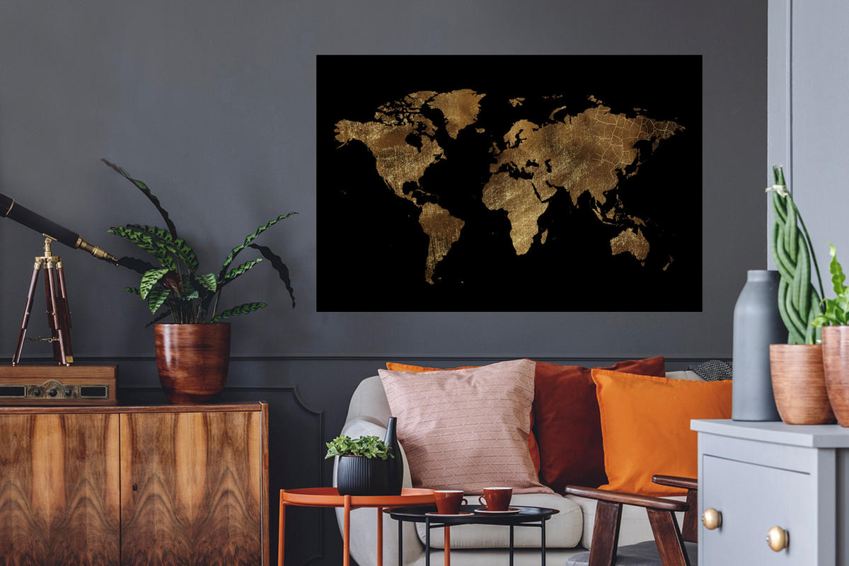 WANDTATTOO Weltkarte - Gold - Luxus - Erde - Schwarz 120x80 cm - Goldfarben, Kunststoff (120/80/0.1cm) - MuchoWow