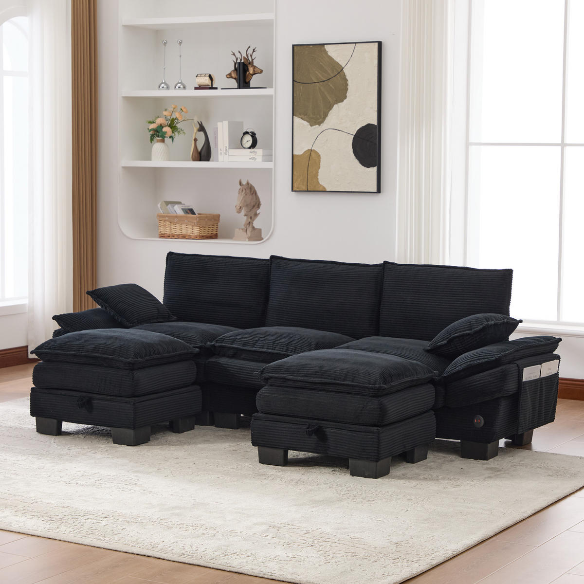 WOHNLANDSCHAFT Cord Schwarz mit USB-C, Seitentaschen und mit 2 Hocker - Schwarz, Holzwerkstoff/Kunststoff (260/84/132cm) - WISHDOR