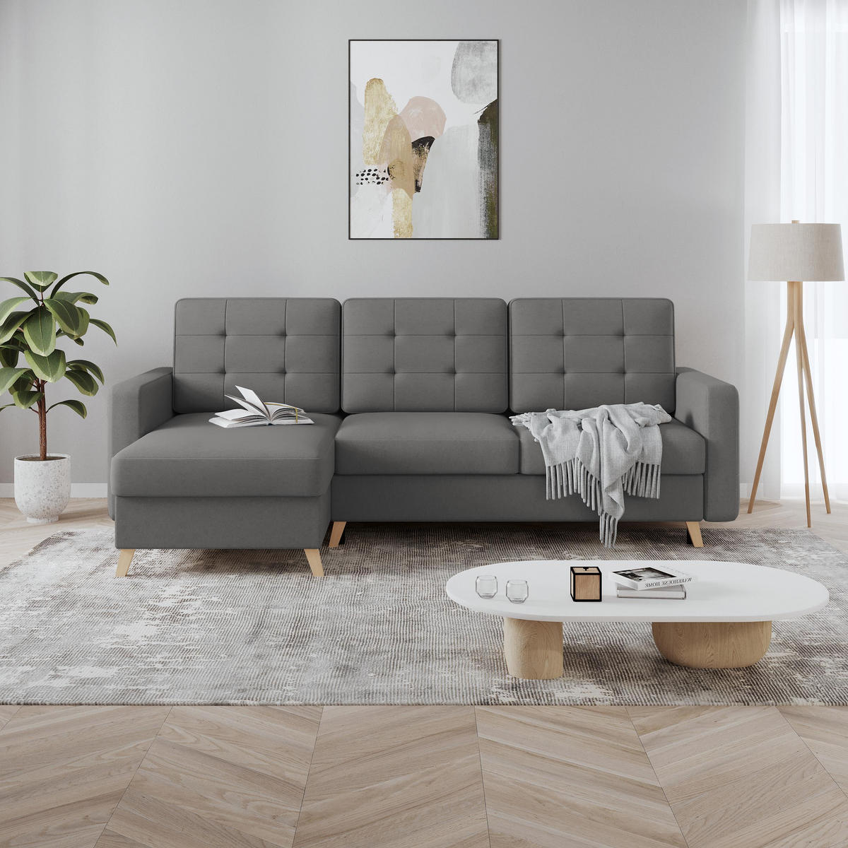 ECKSCHLAFSOFA Vinci mit universelle Ottomane, Grau - Buchefarben/Grau, Textil (236/151cm) - Beautysofa
