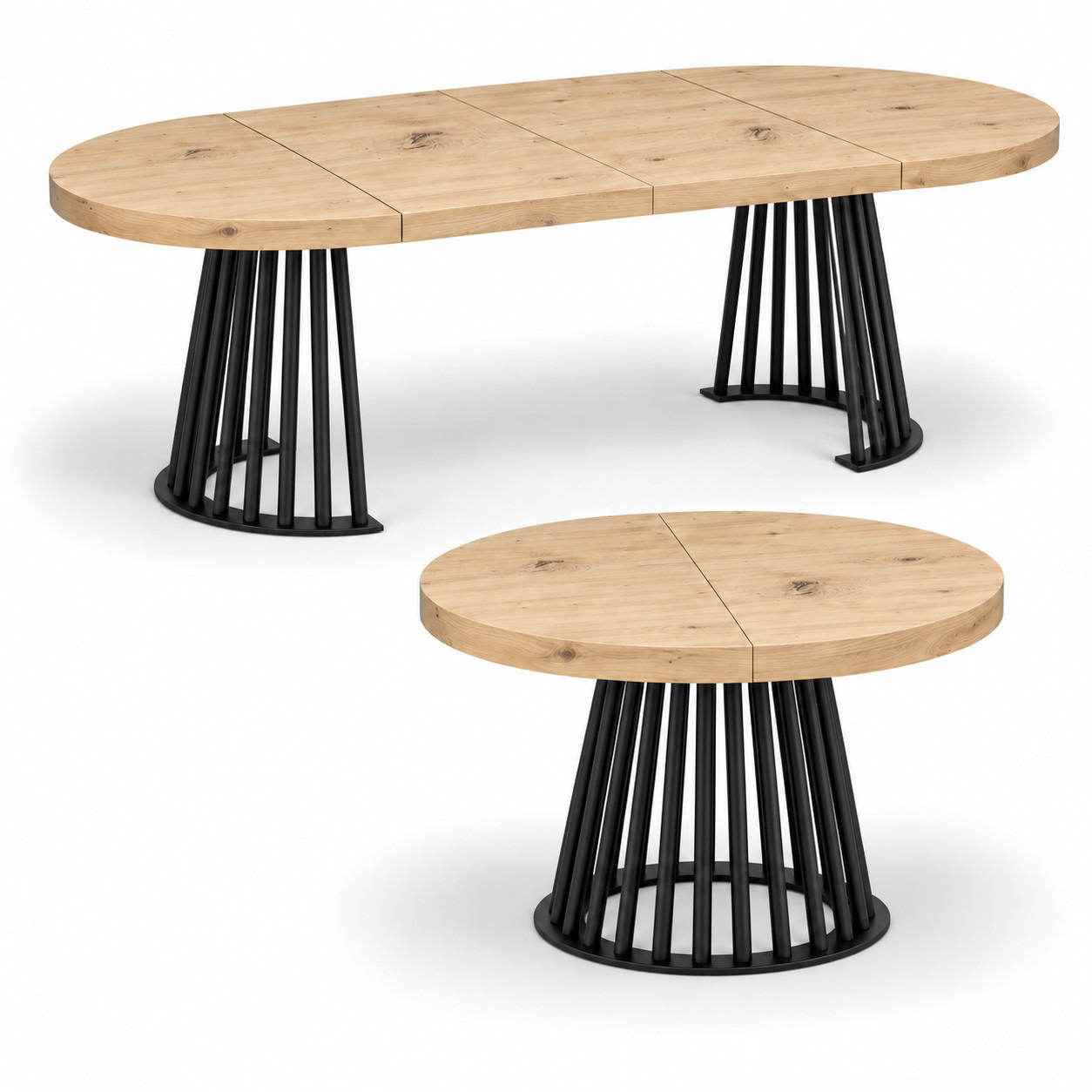 ESSTISCH rund ausziehbar 110/210/76 cm, Eiche Artisan, 54 cm Tischplatte + Lamellen-Metallgestell Schwarz - Schwarz/Eiche Artisan, Holzwerkstoff/Metall (110/210/76cm) - Damale Möbel