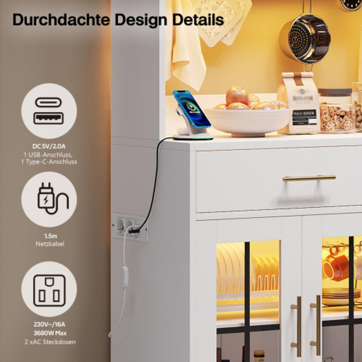 KÜCHENHOCHSCHRANK weiß aus MDF mit App-LED-Beleuchtung und ESG-Glastüren 100×40×180 cm - Weiß, Holzwerkstoff (100/180/40cm) - Luhomfu