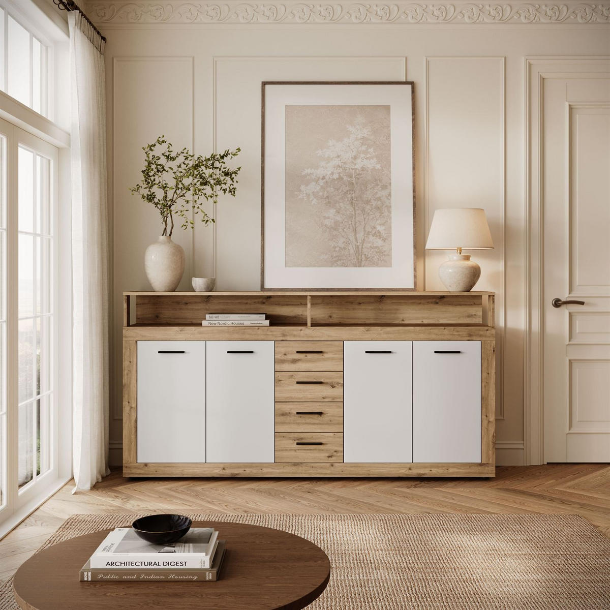 KOMMODE ROMANO mit Schubladen - Eiche Artisan/Weiß, Holzwerkstoff (190/96/32cm) - Lookway