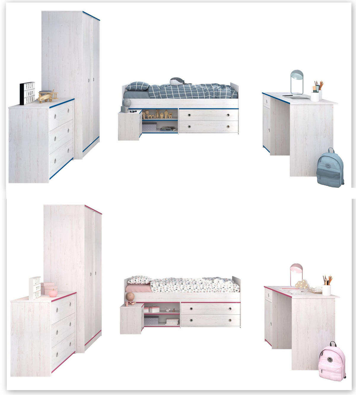 KINDERZIMMER-SET Pabloma 36b 5-tlg. Holznachbildung Kiefer Weiß/Pink - Pink/Weiß, Kunststoff (100/1/200cm) - 58aufmkessel