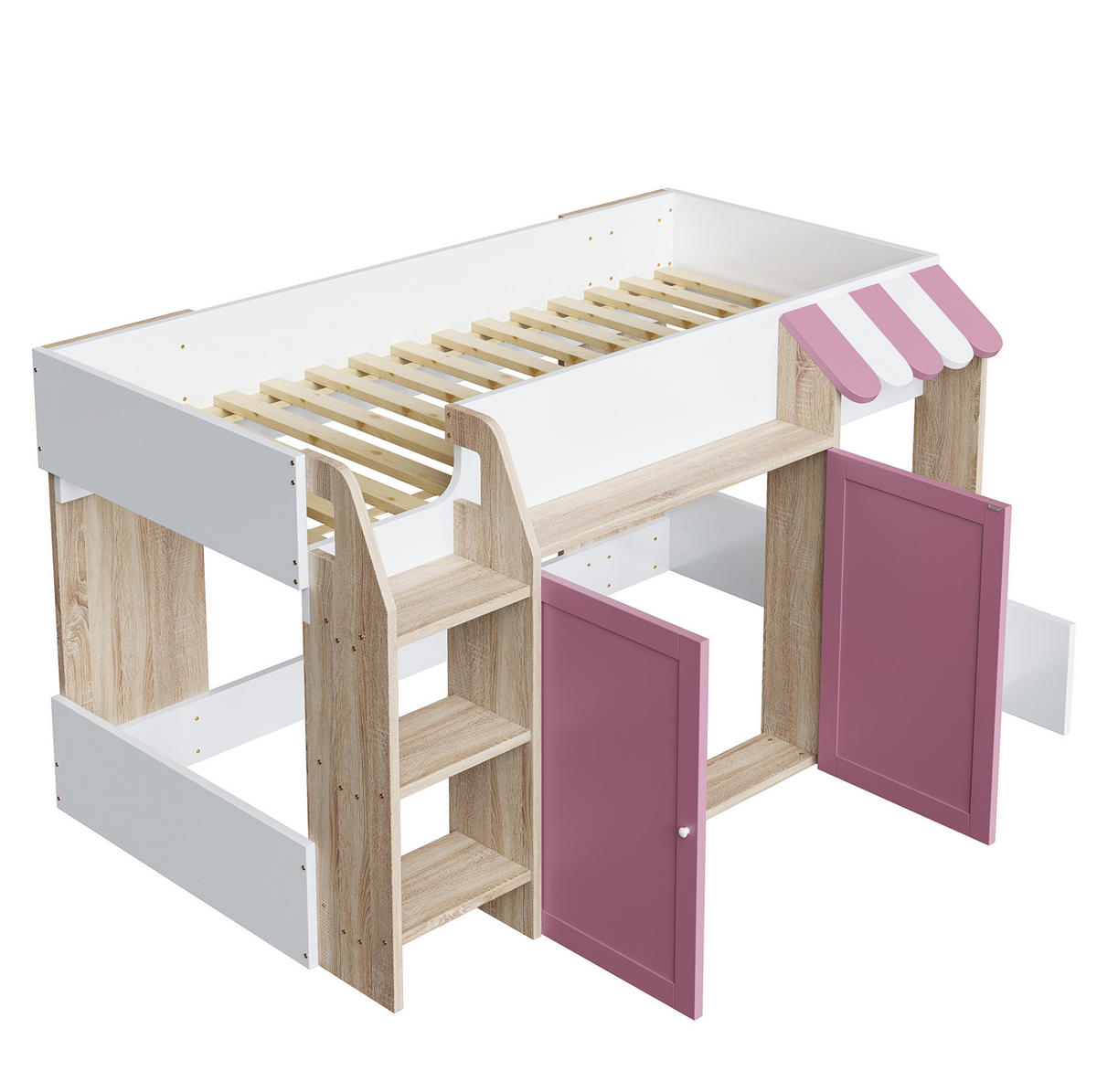 HOCHBETT aus Kiefer, Sperrholz und MDF 90x200 cm Weiß, Rosa und Holzfarbe mit Stauraum - Rosa, Holzwerkstoff (90/200cm) - IVMEU