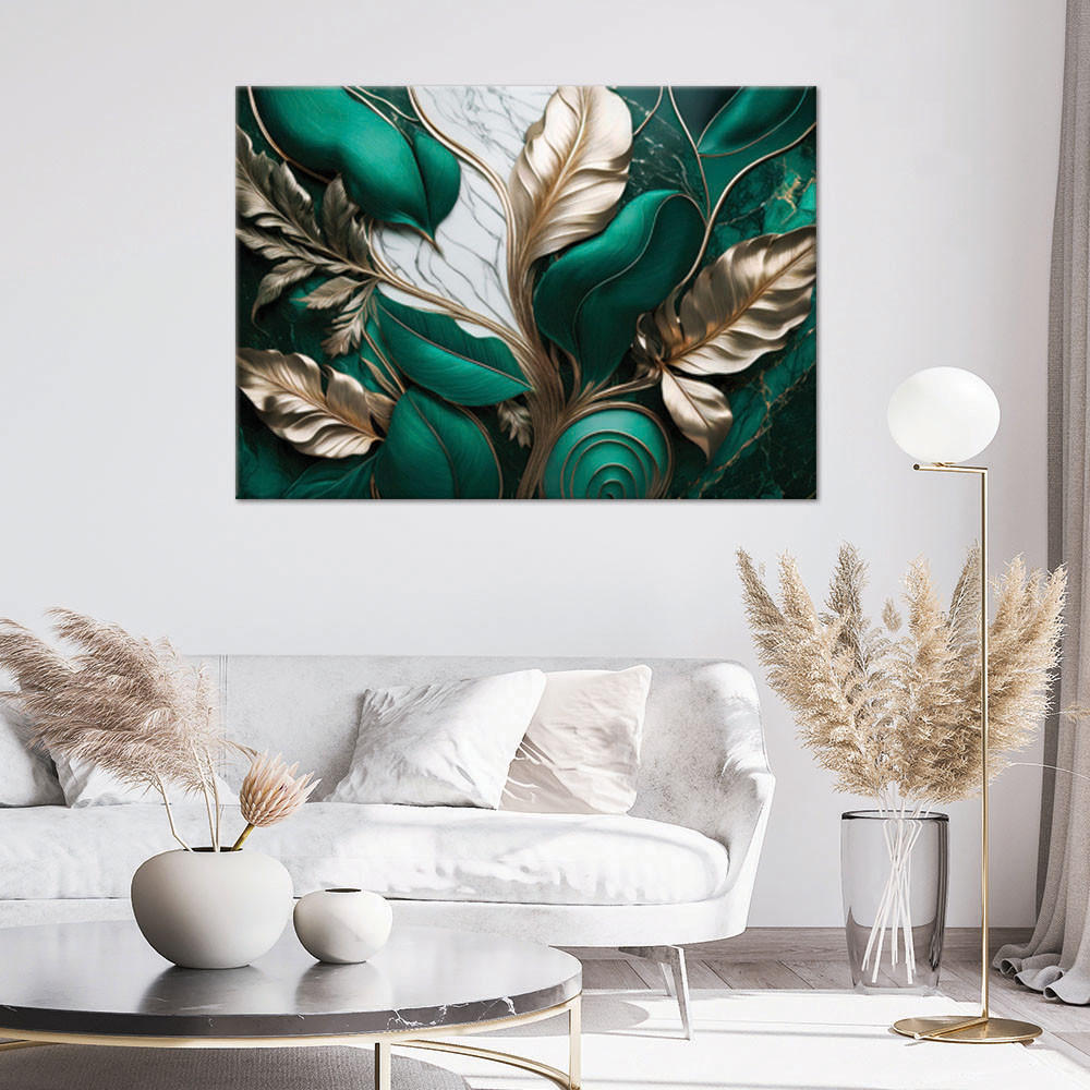 LEINWANDBILD Blätter im Gold Glamour Loft-Stil 100x70cm - Grün, Textil (100/70cm) - Feeby