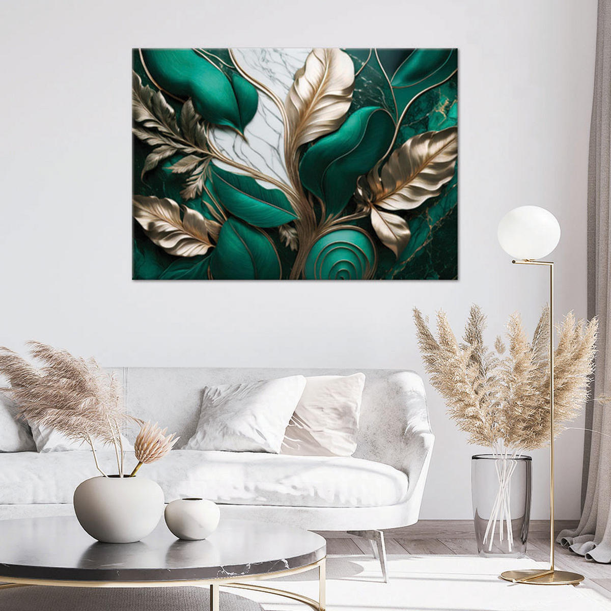 LEINWANDBILD Blätter im Gold Glamour Loft-Stil 90x60cm - Grün, Textil (90/60cm) - Feeby