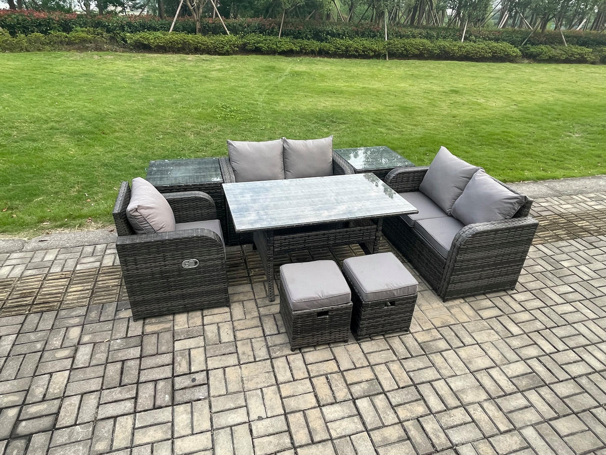 Gartenmöbelset mit Esstisch,Zweisitzer,Beistelltischen Polyrattan Dunkelgrau 7-Sitzer - Dunkelgrau/Grau, Glas/Kunststoff - Fimous