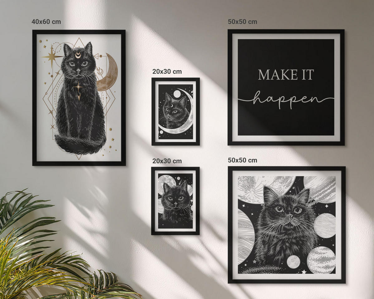BILDER SET 5er Set - 50x50 cm & 20x30 cm & 40x60 cm Schwarzer Rahmen - Schwarze Katzen, Mond, Planet - Schwarz, Kunststoff (40/60cm) - TULUP