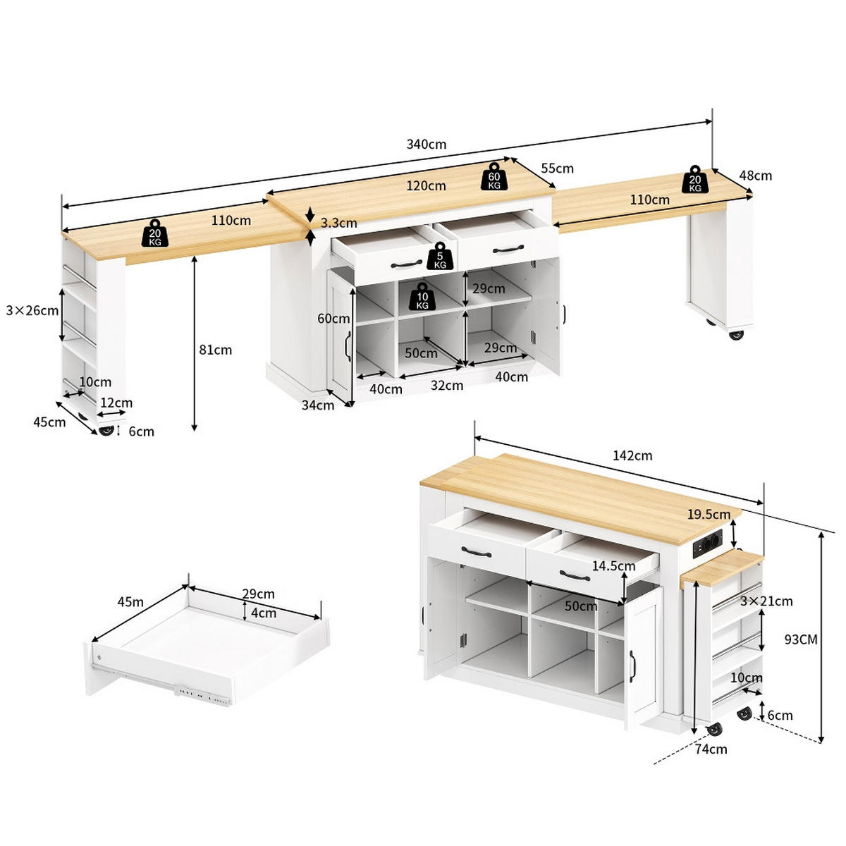 KÜCHENINSEL, Ausziehbare Arbeitsfläche, Steckdosen, USB, Holzimitat, 142-340/55/93 cm - Weiß, Kunststoff (55/93/142cm) - Rolipo
