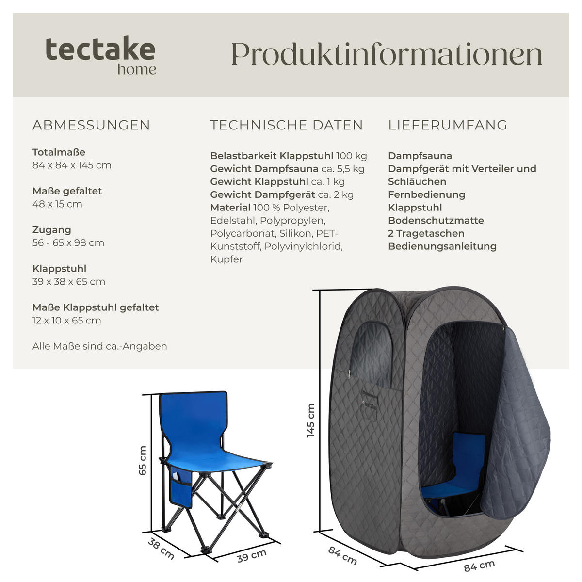 MOBILE DAMPFSAUNA Thermaluxe I,inkl. Fernbedienung, Matte, Klappstuhl und Tragetaschen,dunkelgrau/schwarz - Dunkelgrau/Schwarz, Kunststoff (84/145/84cm) - tectake