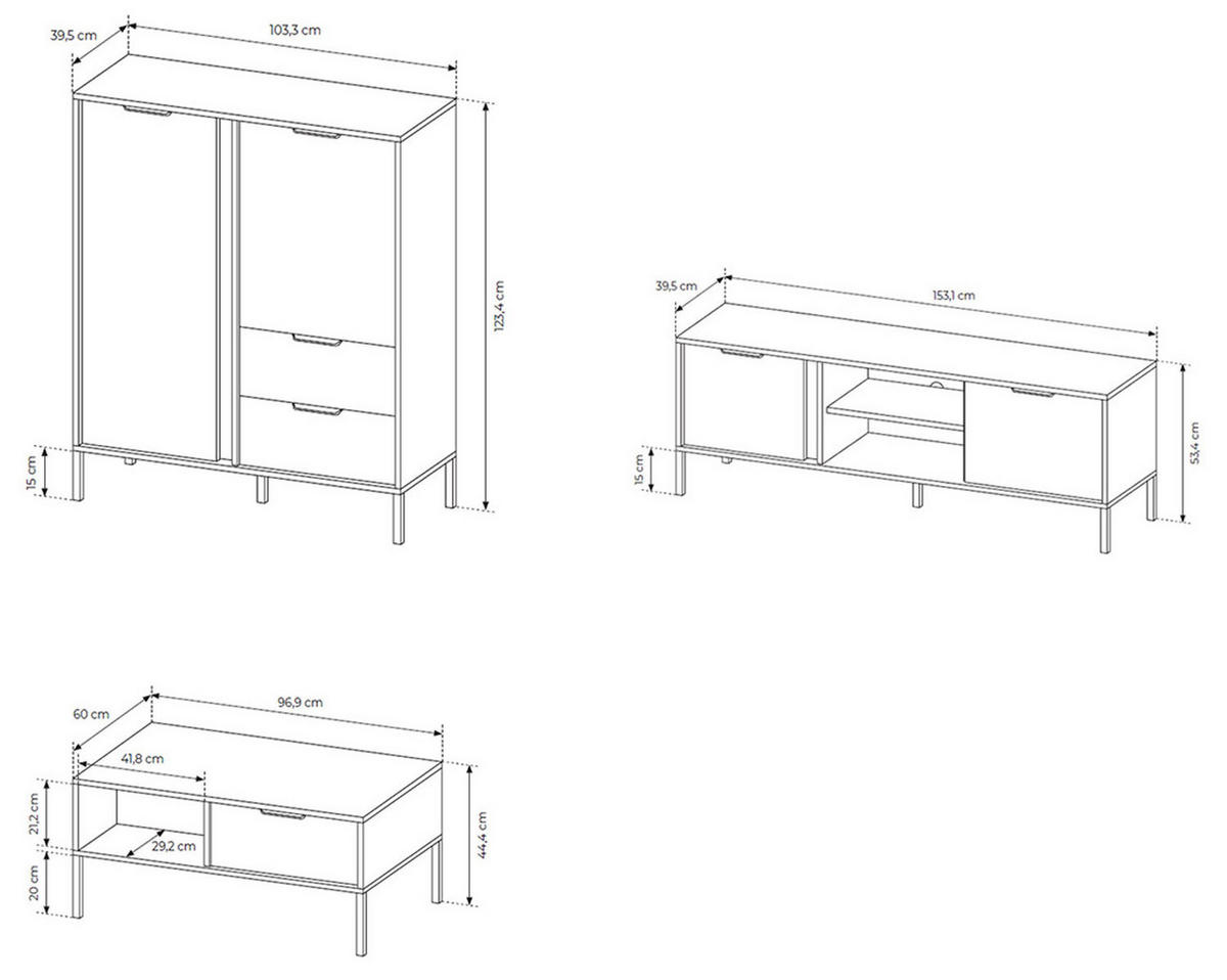 WOCHNZIMMER-SET Lars anthrazit / gold 3-teilig - Anthrazit/Grau, Holz/Holzwerkstoff (256.4/123.4/39.5cm) - Feldmann-Wohnen