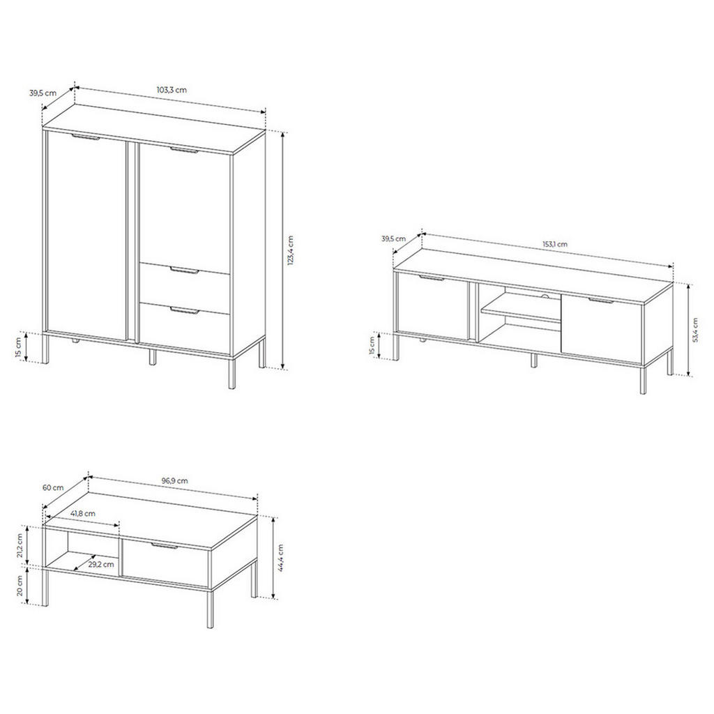 Thumbnail - Feldmann-Wohnen Wochnzimmer-Set, Grau, Holz, 3 Fächer, 4 Schubladen, Rechteckig,Rechteckig, 256.4x123.4x39.5 cm, Wohnzim...