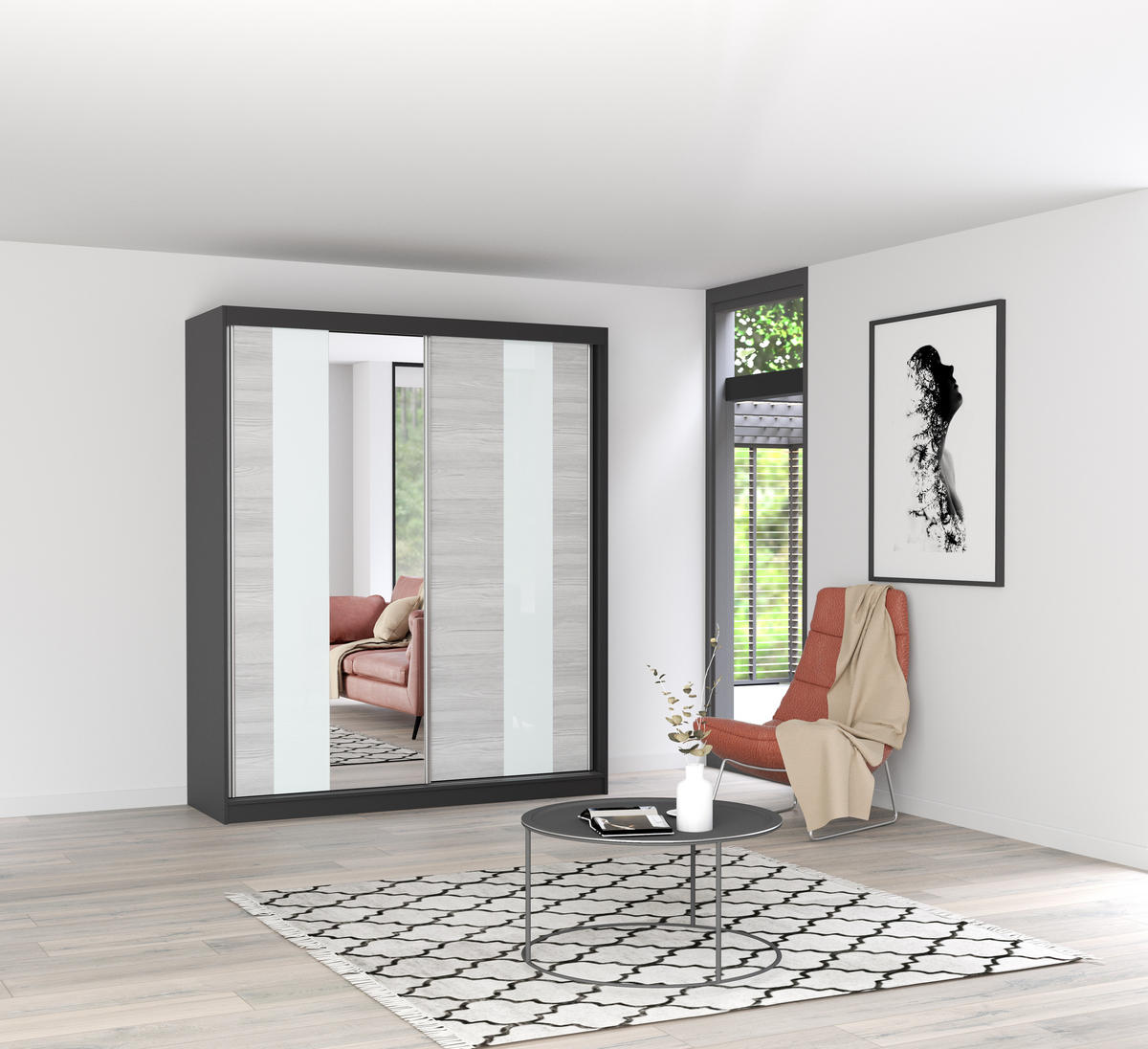 SCHIEBETÜRENSCHRANK - BEN 32 183 CM (Schwarz) - Schwarz, Holzwerkstoff (183/218/61cm) - Möblo