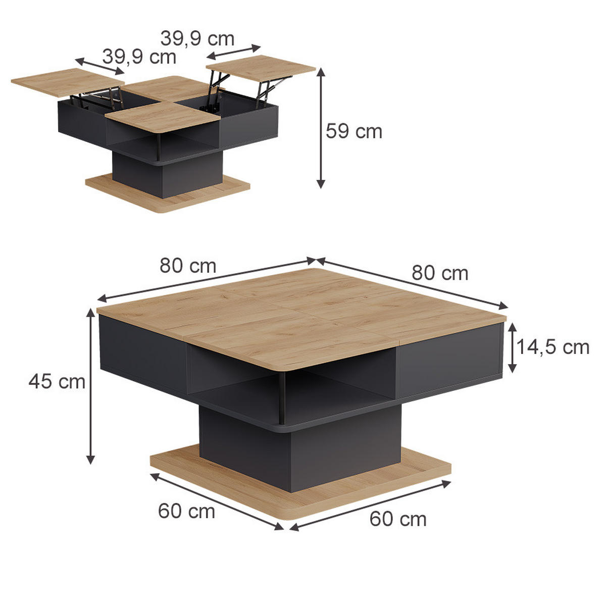COUCHTISCH Movira Anthrazit 80 x 45 cm mit Staufächern - Honigeiche/Anthrazit, Holzwerkstoff (45/80/80cm) - Vicco