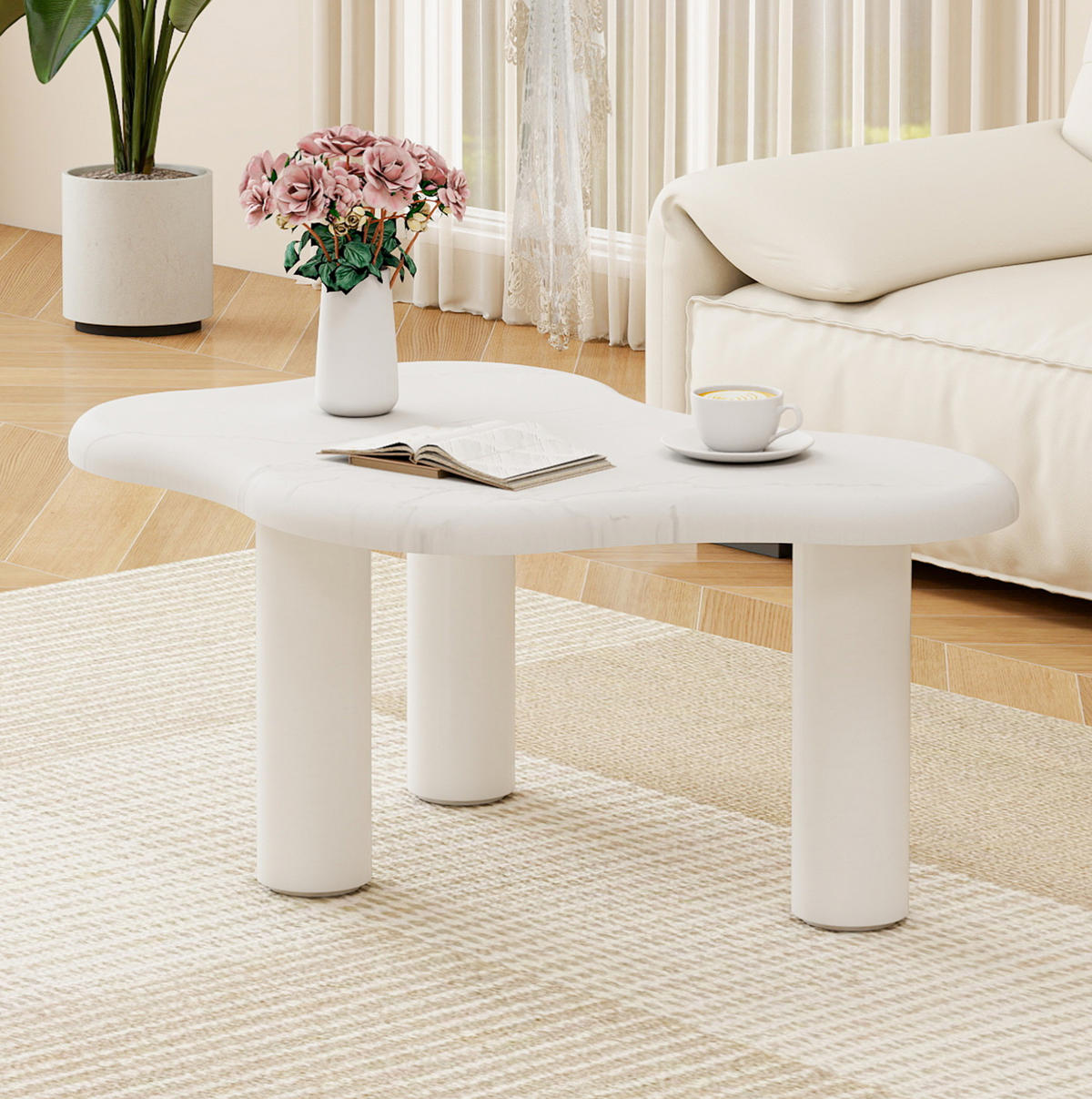 COUCHTISCH 90/62/40 cm weiß aus Holzwerkstoff in Marmoroptik mit wolkenförmiger Tischplatte - Weiß, Holzwerkstoff (90.8/62.5/40cm) - OKWISH
