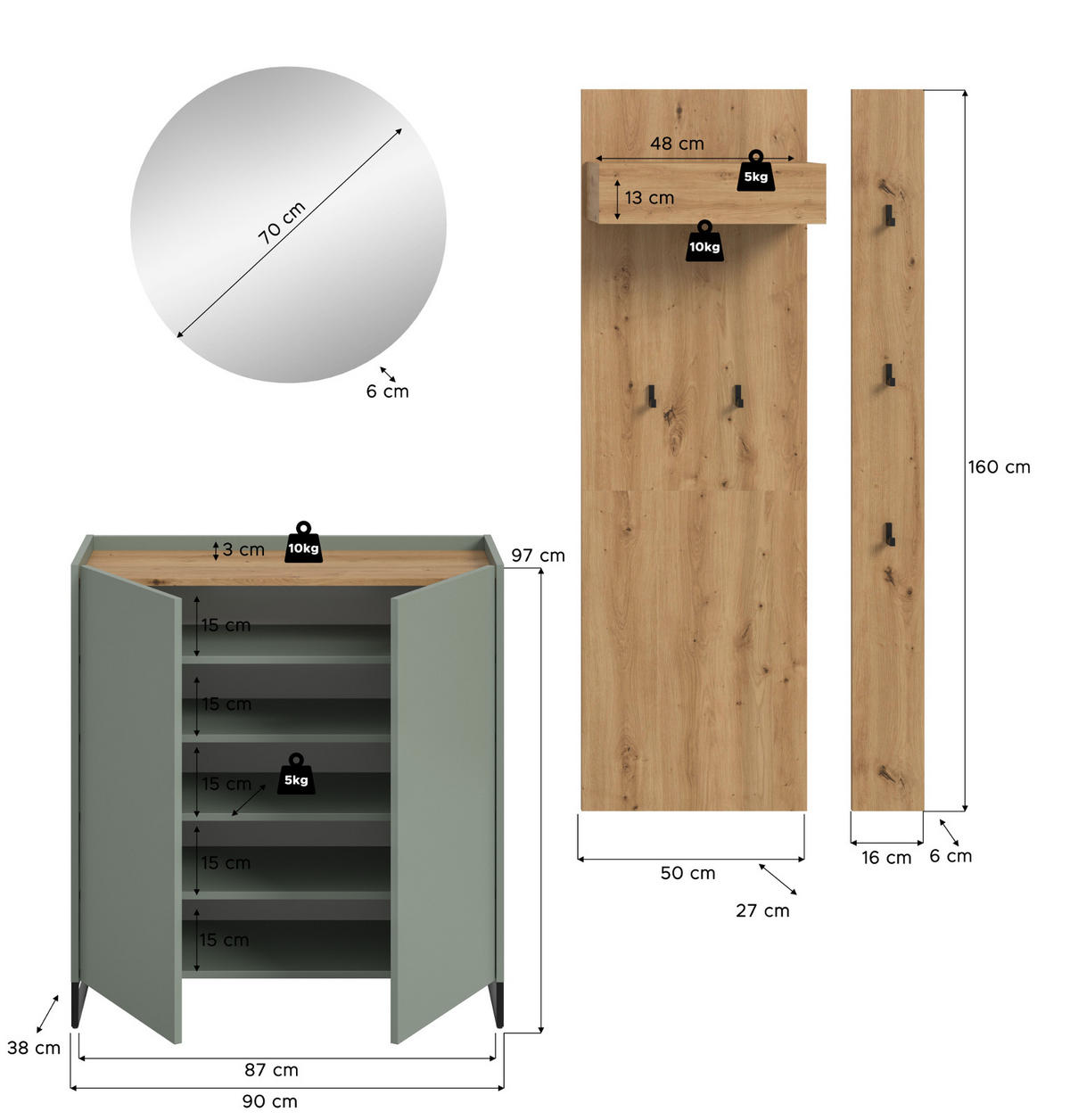 GARDEROBE-SET Salbei und Artisan Eiche, Garderobe 4-teilig, 186 x 197 cm, Soft-Close, Borga - Salbeigrün/Schwarz, Holzwerkstoff/Metall (186/197/38cm) - Inn.Furn