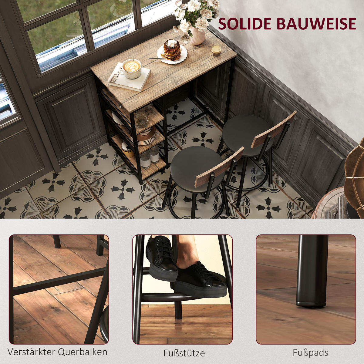 BARTISCH mit Barhocker Set, 3-tlg. Bartisch-Set mit Küchentisch, 2 Barstühlen - Naturfarben, Metall (50/90.5/90cm) - HOMCOM