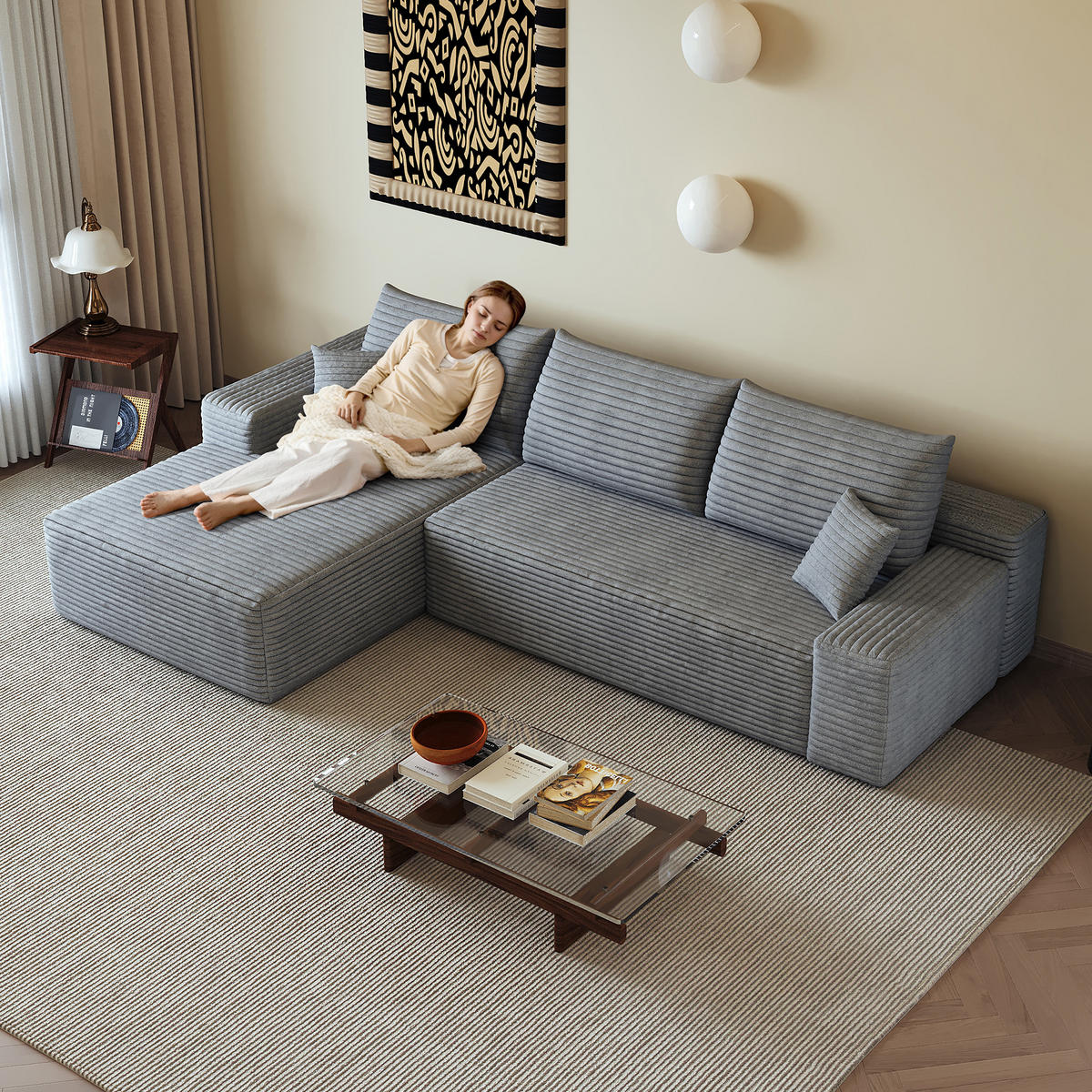 ECKSOFA 270/175/83 cm Grau Cord mit Chaiselongue, Linke Seite - Grau, Textil (270/175cm) - Oxeza