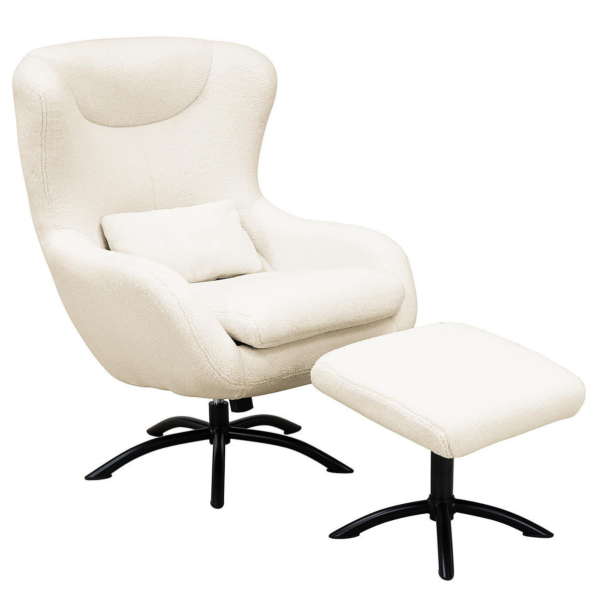 SESSEL mit Hocker - Teddystoff / Eisen - Weiß / Schwarz - Schwarz/Weiß, Textil/Metall (75/106/86cm) - home24