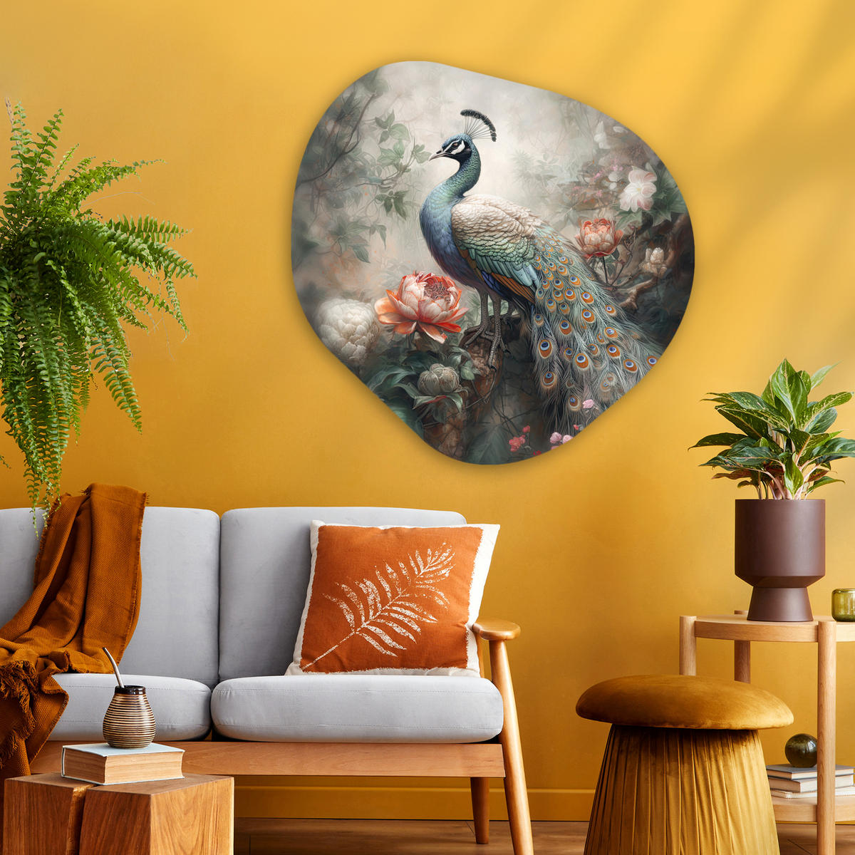 WANDBILD Pfau - Pfauenfedern - Vogel - Dschungel - Blumen 90x90 cm - Smaragdgrün, Kunststoff (90/90cm) - MuchoWow