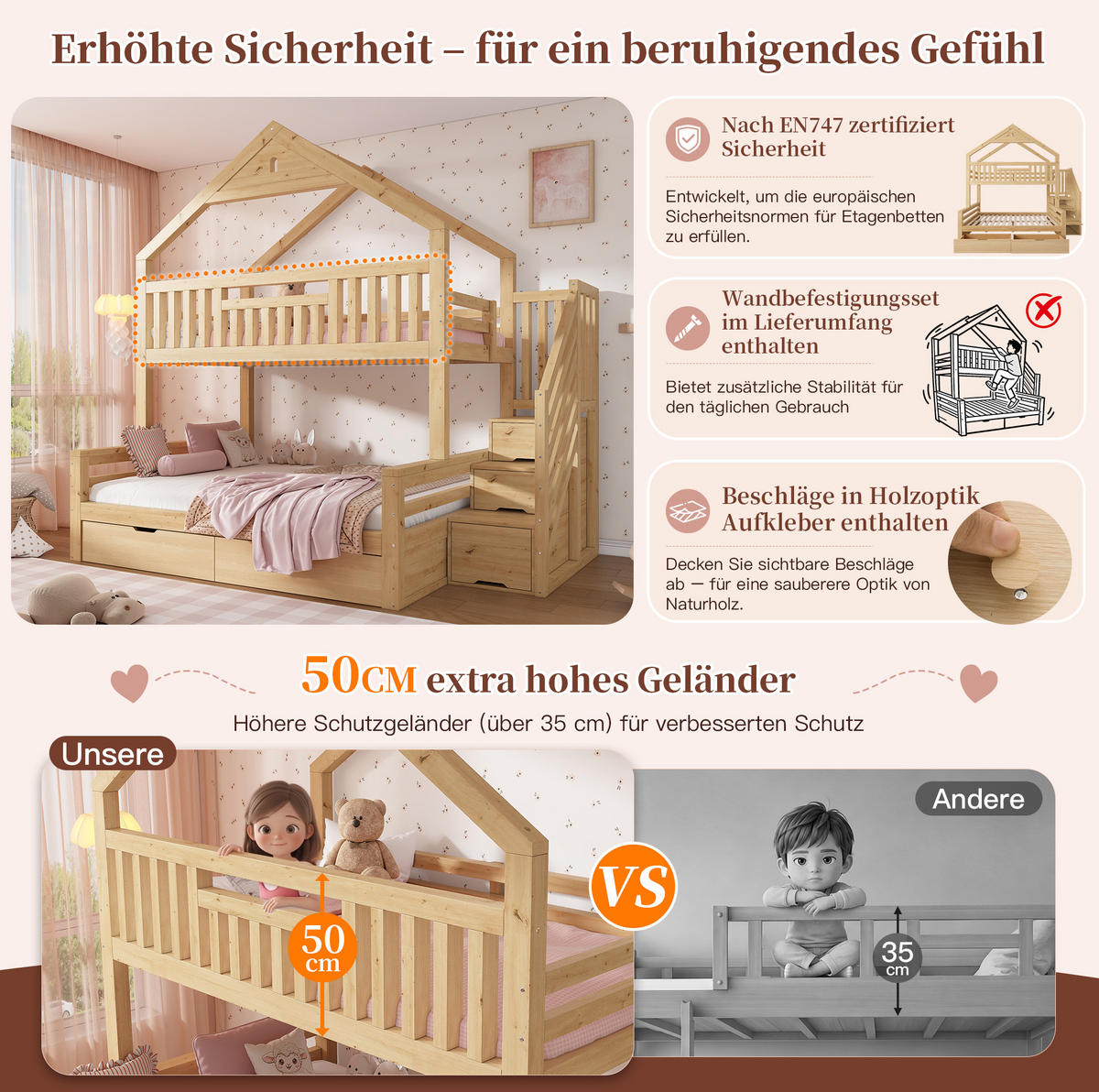 KINDER-ETAGENBETT 90x200 & 140x200 cm in Eichefarben mit Treppenschrank und Schubladen - Eichefarben, Holz (140/200cm) - IVMEU