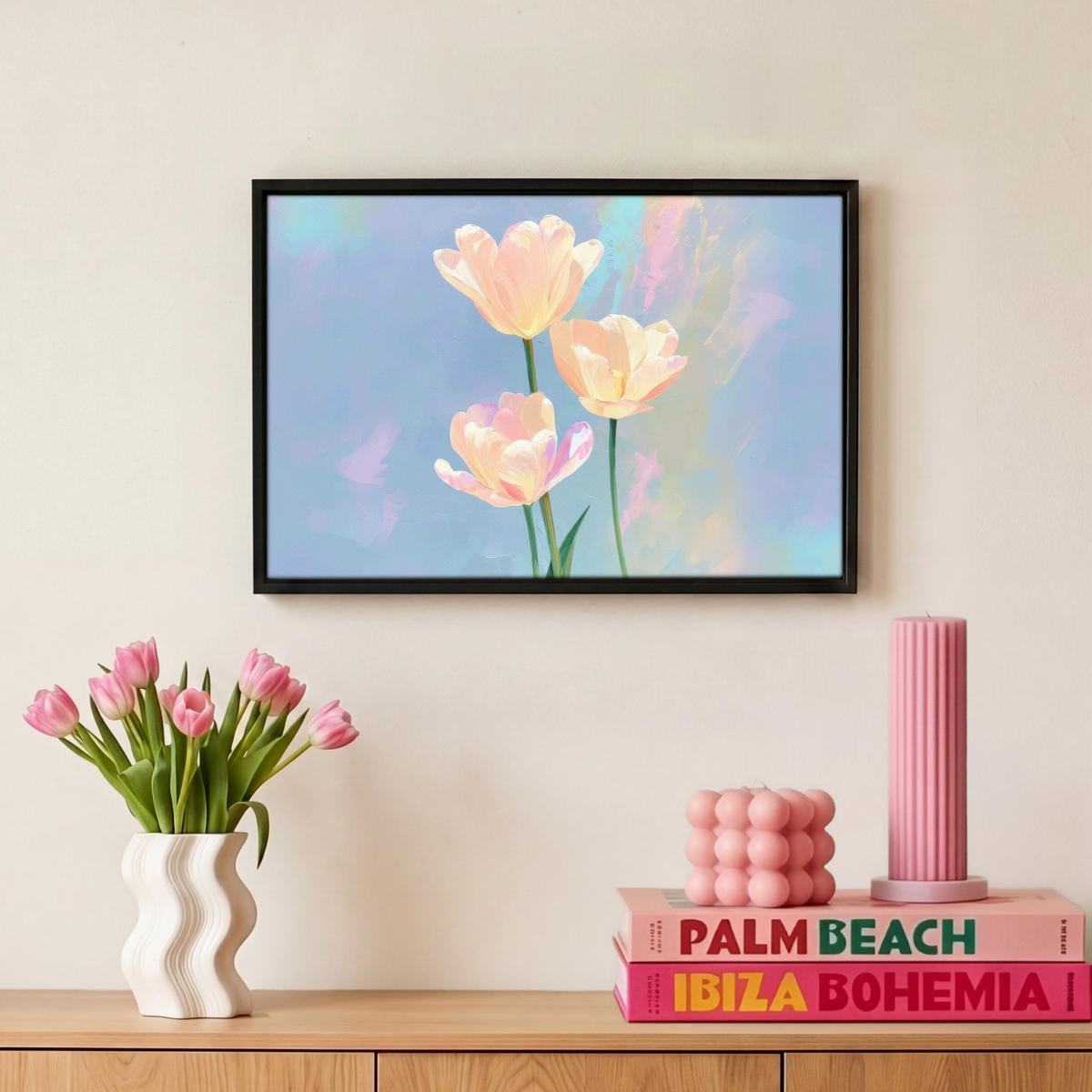 LEINWAND Bilder mit Rahmen - Tulpen - Rosa Akzente - Blau - 30x20 - Pastellblau, Textil (30/20cm) - MuchoWow