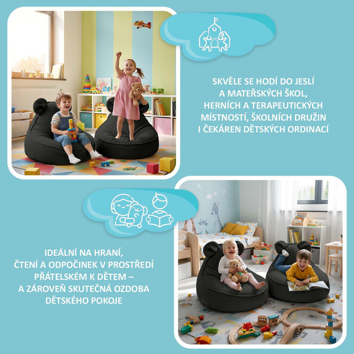 SITZSACK FÜR KINDER Maus 75/75/55 cm, weicher Bouclé 315 g/m², abnehmbarer Bezug, Steel Grey - Dunkelgrau, Textil (75/55/75cm) - Dreamroots
