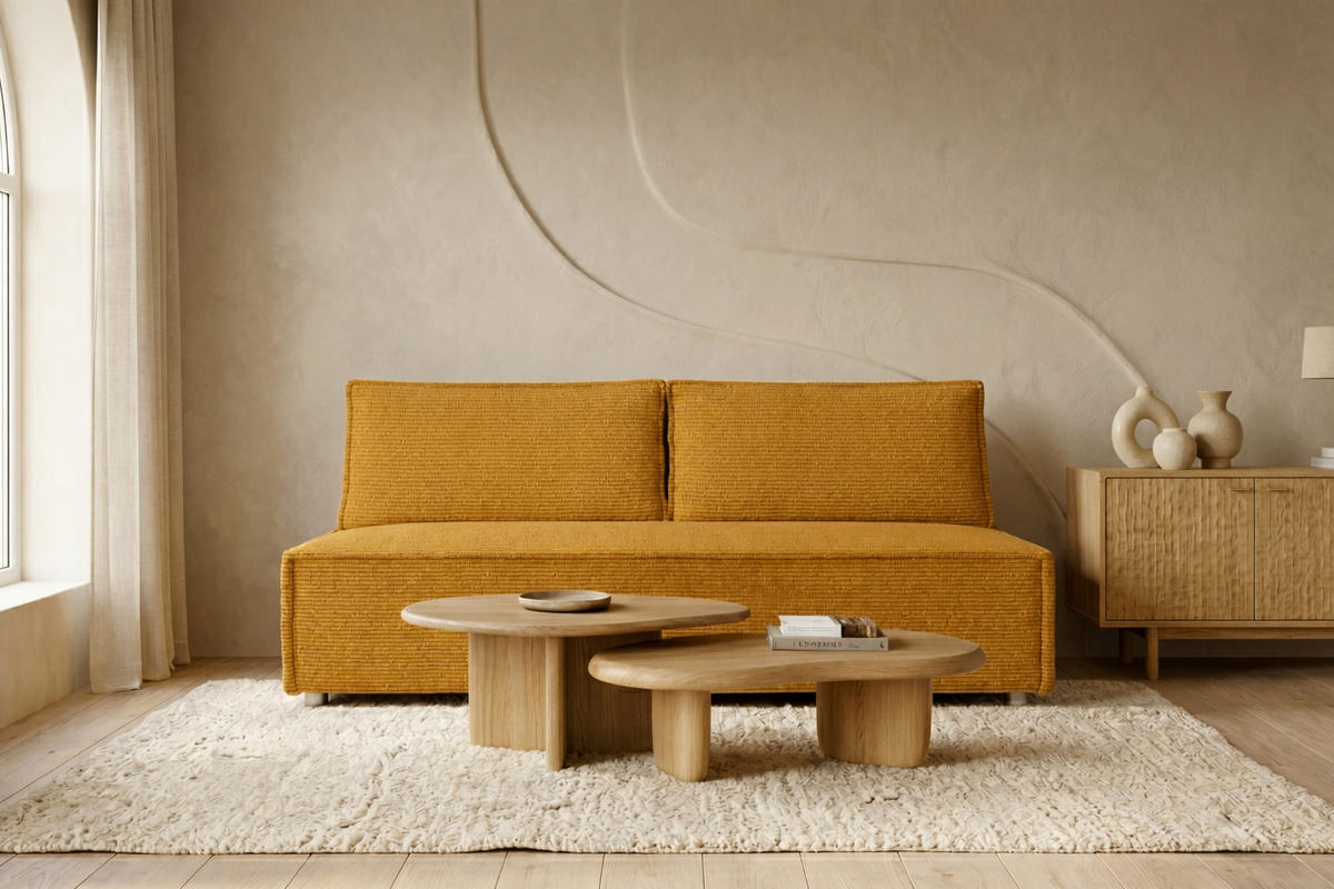 SCHLAFSOFA Mit Bettkasten DUO, Stoff Poso, Senffarbe - Gelb, Holz (198/89/90cm) - Kaiser Möbel