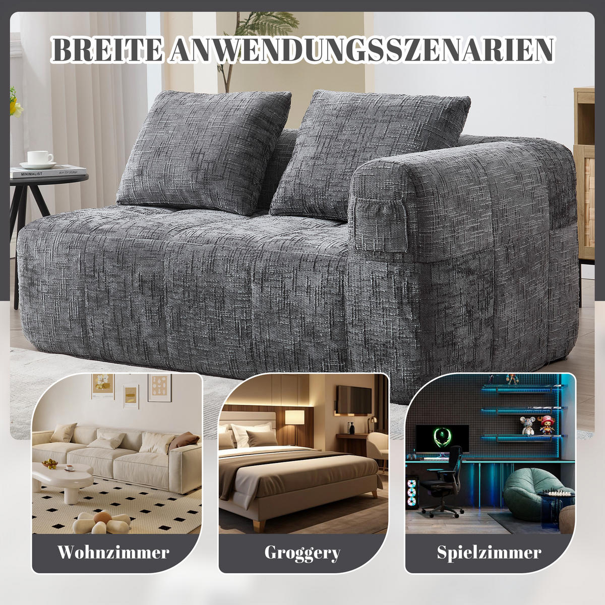 2-SITZER Sofa Chenille mit Chaiselongue und Seitentaschen 158/90/60 cm Grau - Grau, Textil (60/158/90cm) - Redom