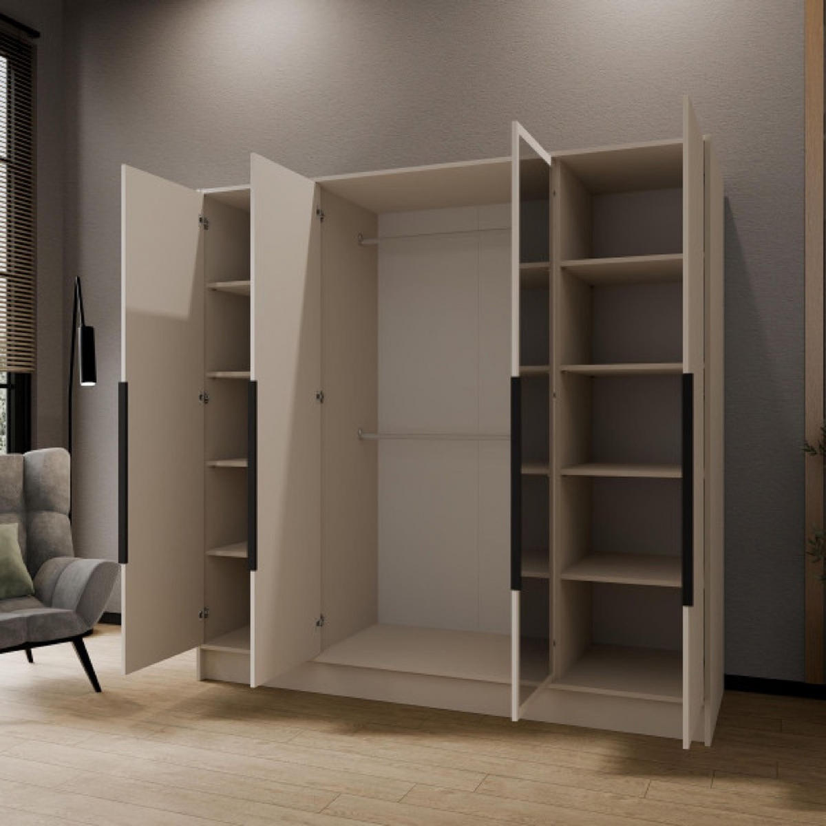 SCHRANK Kaschmir LUSO Mit Spiegel Und Schwarzen Griffen 200 g - Kaschmir/Beige, Holzwerkstoff (200/200/51cm) - Sepro Meble