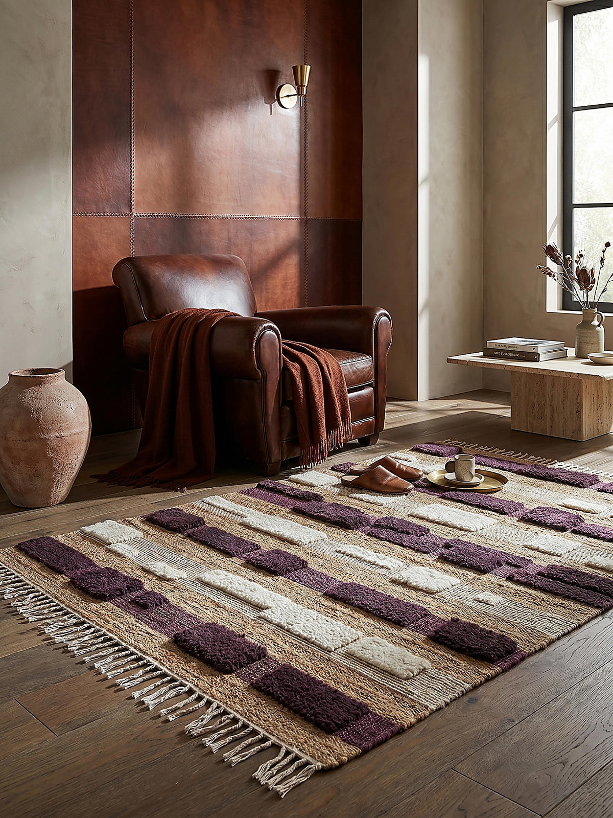 TEPPICH Hoch-Tief Struktur Gestreift, Patchwork-Optik, mit Fransen wendbar, Esszimmer schmutzabweisend Natur-Lila Rechteckig 160x230 - Lila, Textil (230/160cm) - KADIMA DESIGN