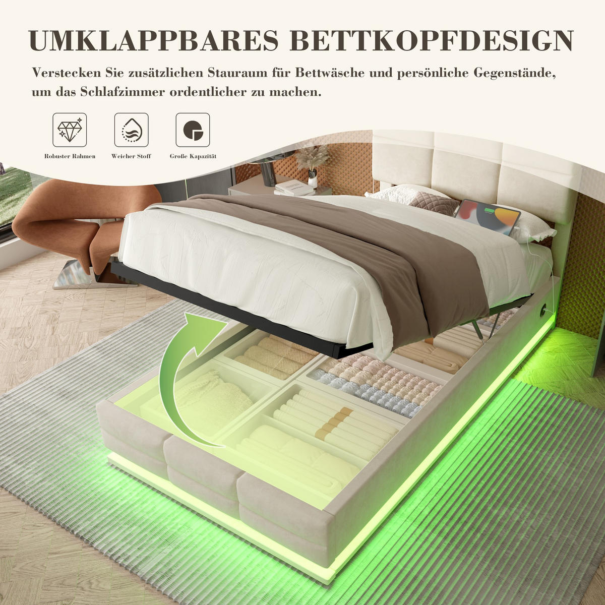BOXBETT 90/200 mit Bettkasten, LED, USB/Typ C-Ladeanschluss,Samt,Beige - Beige, Holz (90/200cm) - LVHOM