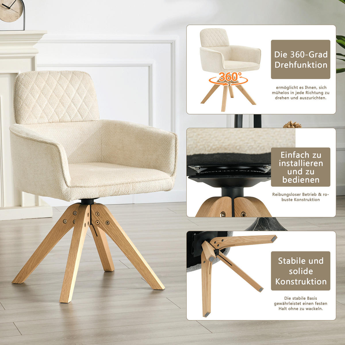 ARMLEHNSTUHL-SET DE-36622 2 Stück mit Stoffbezug und Massivholzbeinen Creme - Creme, Holz (51/85/53cm) - ComfortXL